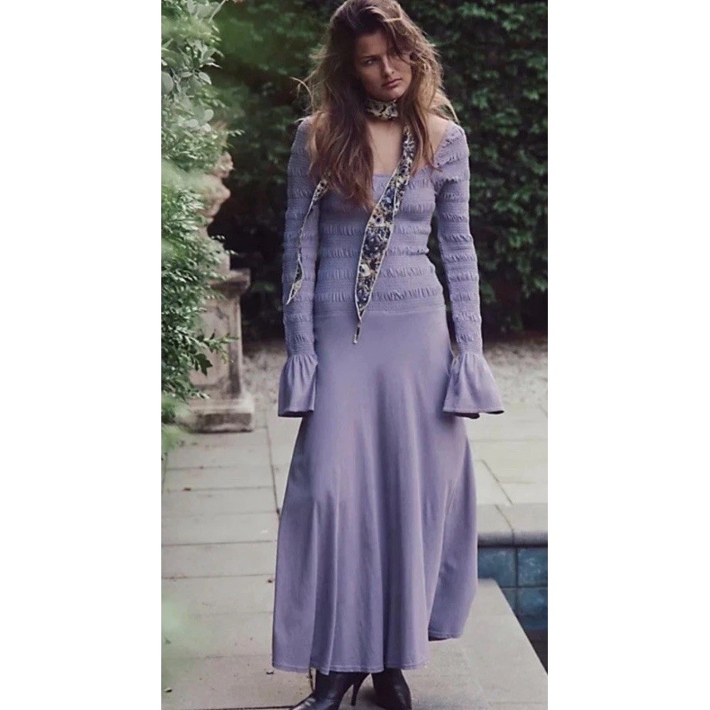 Free People Bohemian Smocked Kiera Midi Dress Cool Violet Purple Sz Small NWT